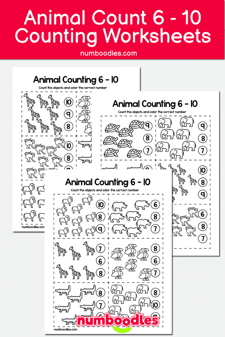 How Many 6 – 10? ANIMALS Themed Count and Color Worksheets – Numboodles